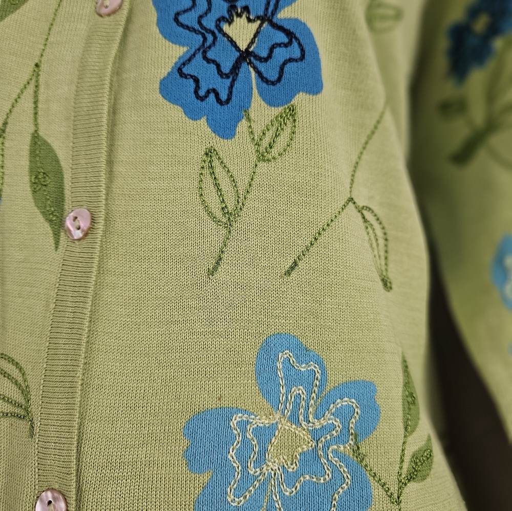 NWOT David Brooks green blue embroider floral silk cardigan sweater Women XLarge - Picture 3 of 9